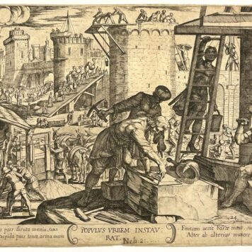 [Antique engraving, 1613] Populus urbem instaurat [Israelites building Jerusalem], published 1613, 1 p.