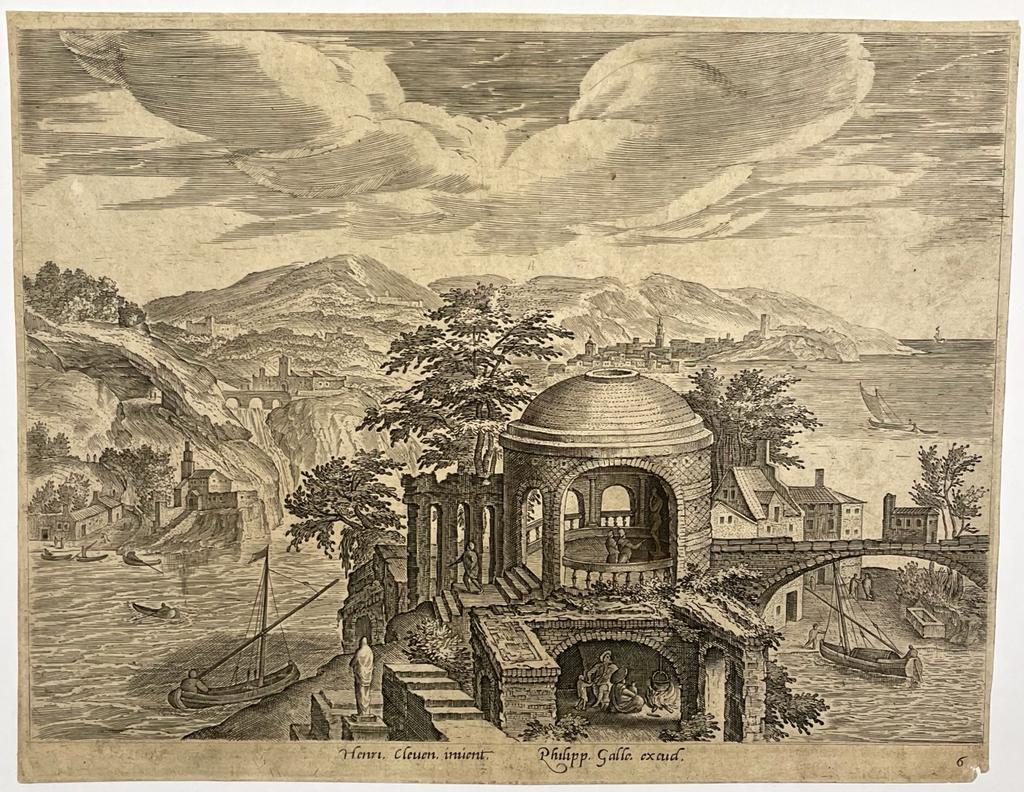 [Antique print, engraving, ca 1587] Landscape with a small circular temple [Ronde tempel, Regionum, rurium, fundorumque, varii at ove amoeni prospectus], published 1587, 1 p.