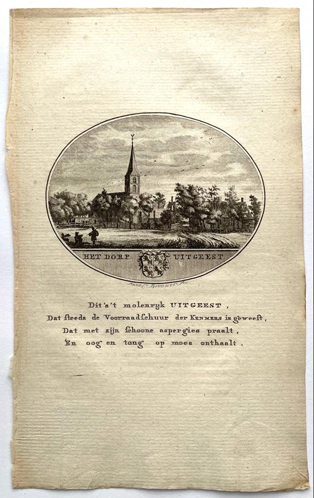 [Original city view, antique print] Het dorp Uitgeest, engraving made by Anna Catharina Brouwer, 1 p.