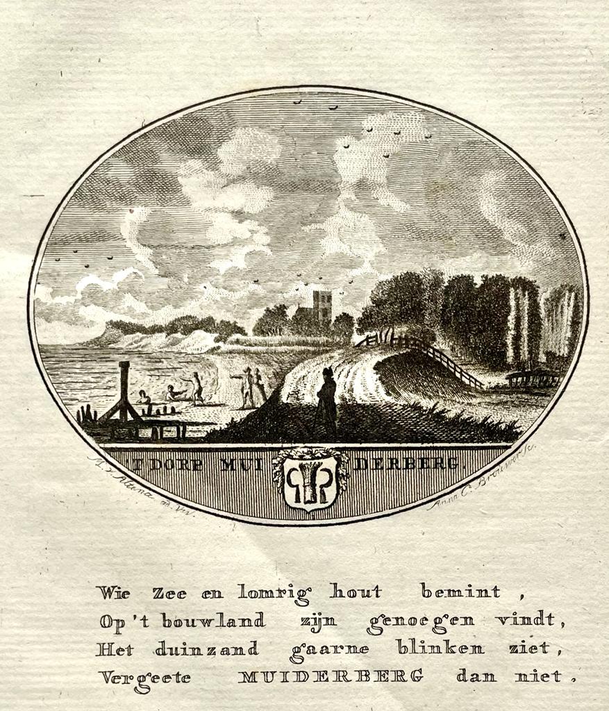 [Original city view and text, antique print] 't dorp Muiderberg, engraving made by Anna Catharina Brouwer, 1 p.