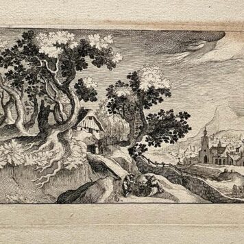[Antique etching, ca 1629] Landscape with a cottage on a hill at left [Topographia variarum regionum; Series title], S. Frisius, published before 1629, 1 p.