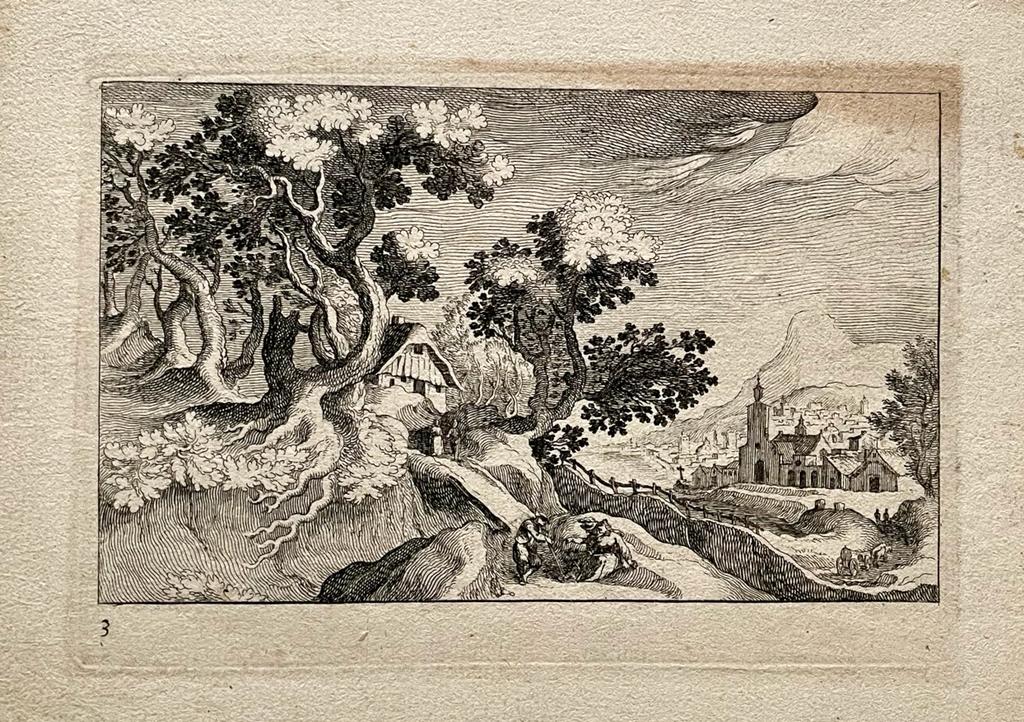 Simon Wijnants Frisius (1580-1629) after Matthijs Bril (1550-1584) - Antique print, etching | Landscape with a cottage on a hill at left, published 1611, 1 p.