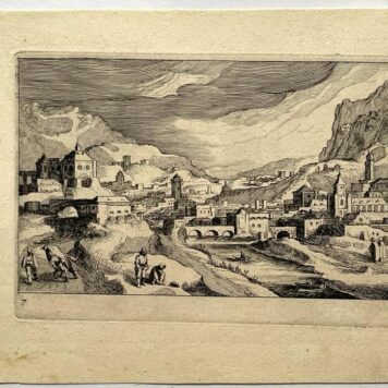 [Antique etching, 1629] City in a river valley [Topographia variarum regionum; Serie title], published before 1629, S. Frisius, 1 p.