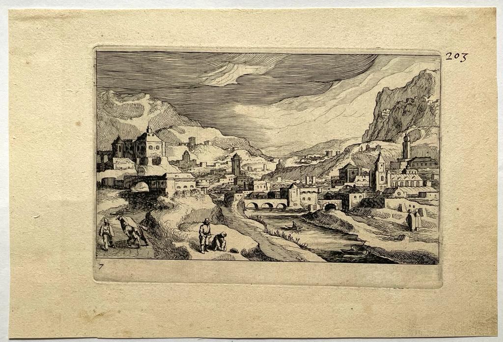 [Antique etching, 1629] City in a river valley [Topographia variarum regionum; Serie title], published before 1629, S. Frisius, 1 p.