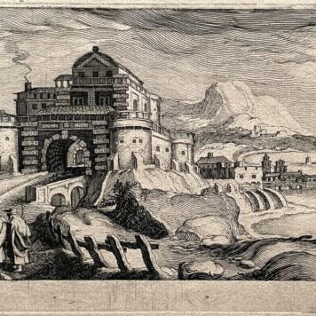 [Antique etching, 1629] Landscape with large city gate on left and river on right [Topographia variarum regionum; Serie title], published before 1629, S. Frisius, 1 p.