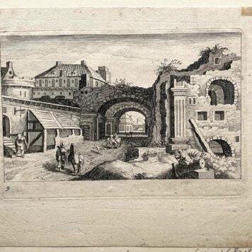 [Antique etching, 1629] Town scene with classical ruins on the right [Topographia variarum regionum; Serie title], published before 1629, S. Frisius, 1 p.