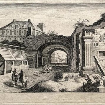 [Antique etching, 1629] Town scene with classical ruins on the right [Topographia variarum regionum; Serie title], published before 1629, S. Frisius, 1 p.