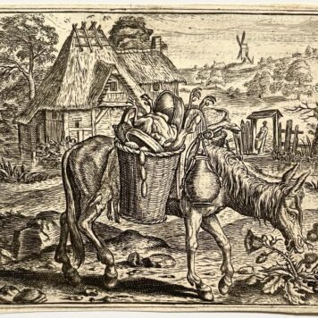 Antique Original Etching 1617 - An ass/donkey (ezel) carrying food [Vorstelycke Warande der Dieren (Publication title)], published 1617, 1 p.
