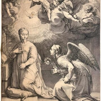[Antique print, engraving, 1594] The Annunciation (The birth and Early Life of Christ; set title), published 1594, 1 p.