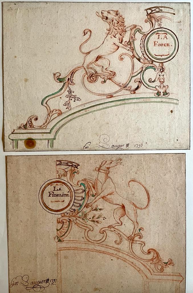 [Two drawings in red chalk, ca 1785] Two designs for interior ornaments: La Force; La Fidelité, made around 1785, 2 pp.