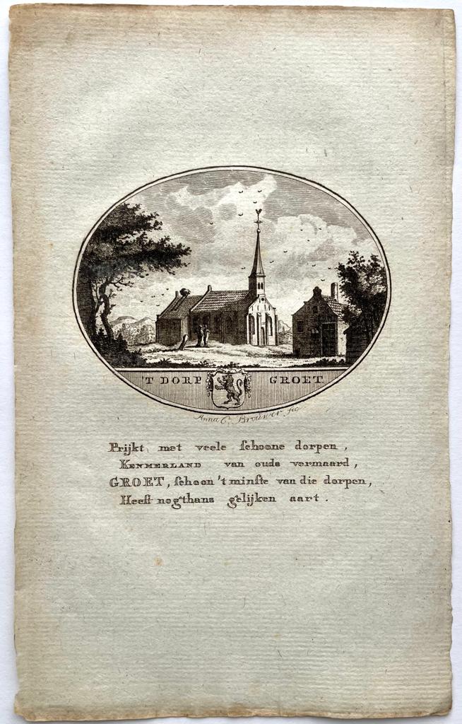 [Original city view, antique print] 't Dorp Groet, engraving made by Anna Catharina Brouwer, 1 p.