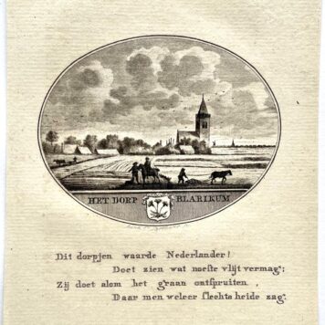 [Original city view, antique print] 't Dorp Blarikum (Blaricum), engraving made by Anna Catharina Brouwer, 1 p.