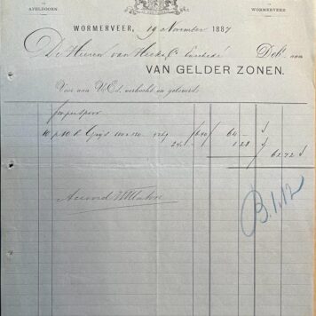 [Printing history, Enschedé] Receipt of Van Gelder Zonen, Fabriek van Machinaal Papier in Wormerveer for De heeren van Heekt Dr Enschedé, dd 19 november 1887, 1 p.