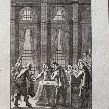 [Antique etching, departure of Charles II from Scheveningen in 1660] "Karel de IIde neemt afscheid van de Staaten", vertrek van Karel den II from Scheveningen, published 1795, 1 p.