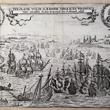 [History print, etching, sea battle Sweden 1658] Zee-slach tusse D.E. Heer Obdam en Wrangel, voor gevallen In den Orizondt den 8 novemb. 1658, 1 p.