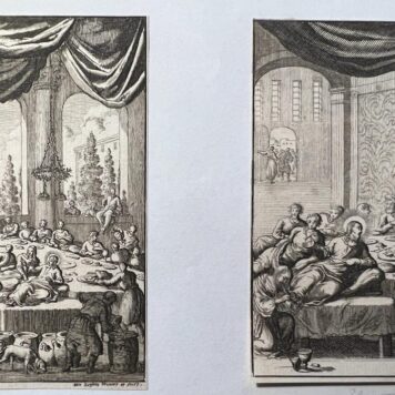 [Two etchings, Biblical prints, last supper Jezus] Laatste avondmaal, published 1687, 1 p.