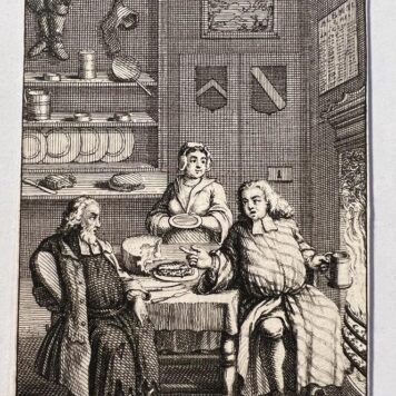 [Antique etching, gastronomy] View of a kitchen with cooking oven and a drinking person and some food on the table, published around 1687, 1 p.