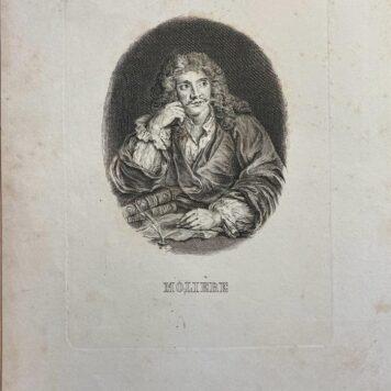 [Antique copperengraving, Molière, ca 1850] Portrait print of Molière with arms leaning on two books, engraved by possibly Ficquet, published around 1850, 1 p.