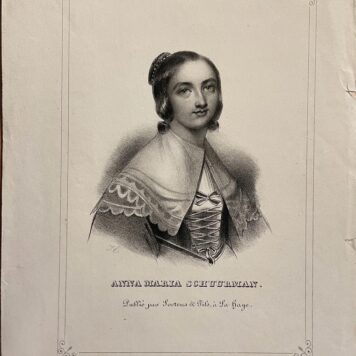 [Antique etching, female artist, ca 1831] Portrait print of Anna Maria van Schurman (Schuurman), 1607-1678, first female student in The Netherlands, poet and artist, published 19th century, 1 p.