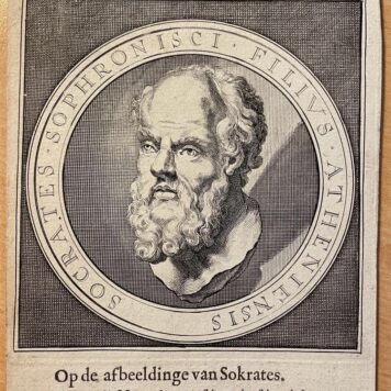 [Antique etching and engraving, Socrates, Greek history, ca 1712] Bookillustration: Socrates Sophronisci Filius Atheniensis, with tekst of Pieter Vlaming (P.V.), published ca 1712, 1 p.