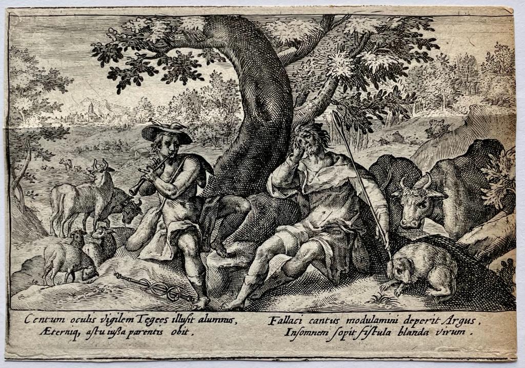 Antique Engraving 1612 - Mercury lulling Argus to Sleep - C. Van de Passe, published 1602-1612, 1 p.