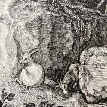 [Antique print, engraving] Man and four goats near a waterfall, A. Sadeler, published ca. 1625, 1 p.