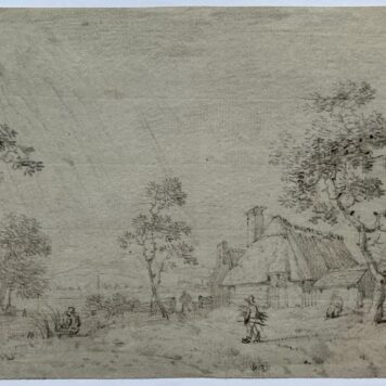 Antique Drawing in Black Chalk - Landscape with several figures beside a small farmhouse - Signed H.O., date unknown, 1 p.