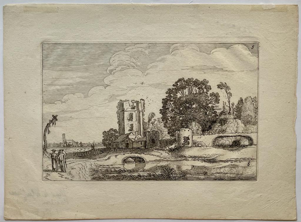 Antique Print before 1650- Landscape with tower of 'Het Huis te Kleef' [Series of Landscapes] - J. Van de Velde II, published before 1650, 1 p.
