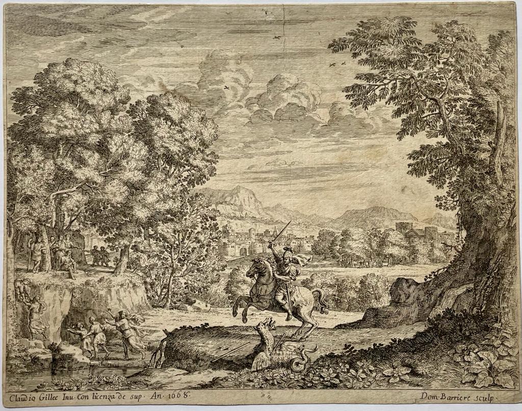 [Antique print, etching] St. George slaying the dragon [or Bellerophon slaying the Chimaera]/Sint Joris en de draak, D. Barriere, 1666, 1 p.