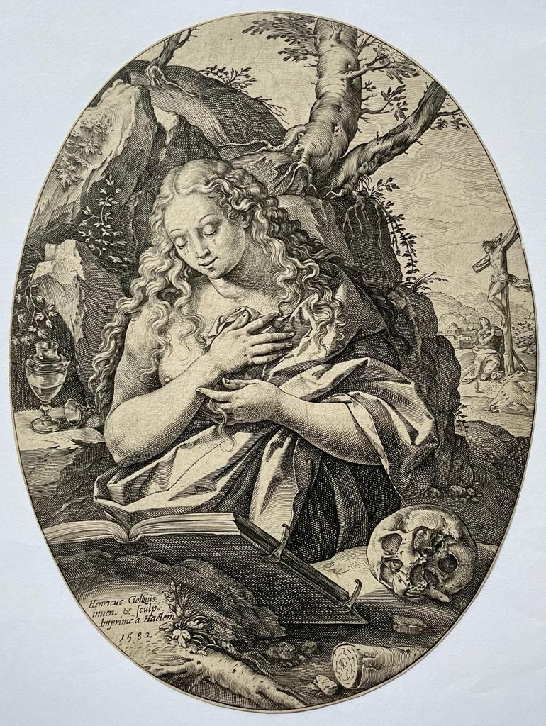 [Antique print, engraving] Penitent Mary Magdalene with skull, published 1582, 1 p.