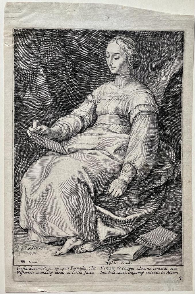 Antique Engraving ca 1650 - The muse Clio (Set Title: The Nine Muses) - C.J. Visscher, published ca 1650, 1 p.