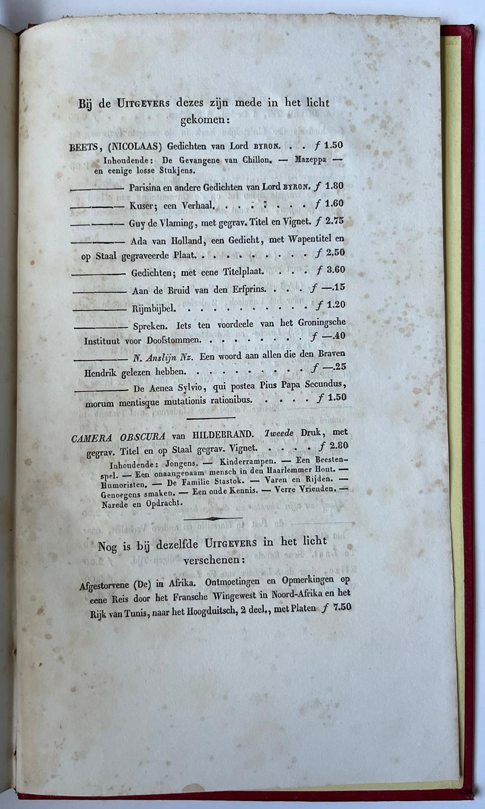 [Literature 1840] Proza en poezy. Verzameling van verspreide opstellen en verzen. Haarlem, Erven F. Bohn, [1840], [6] 170 [2] pp.