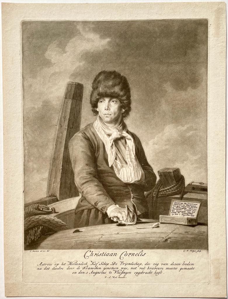 [Antique print, mezzotint] Portrait of Christiaan Cornelis (Van Kinsbergen) on the ship De Vriendschap, published 1795.