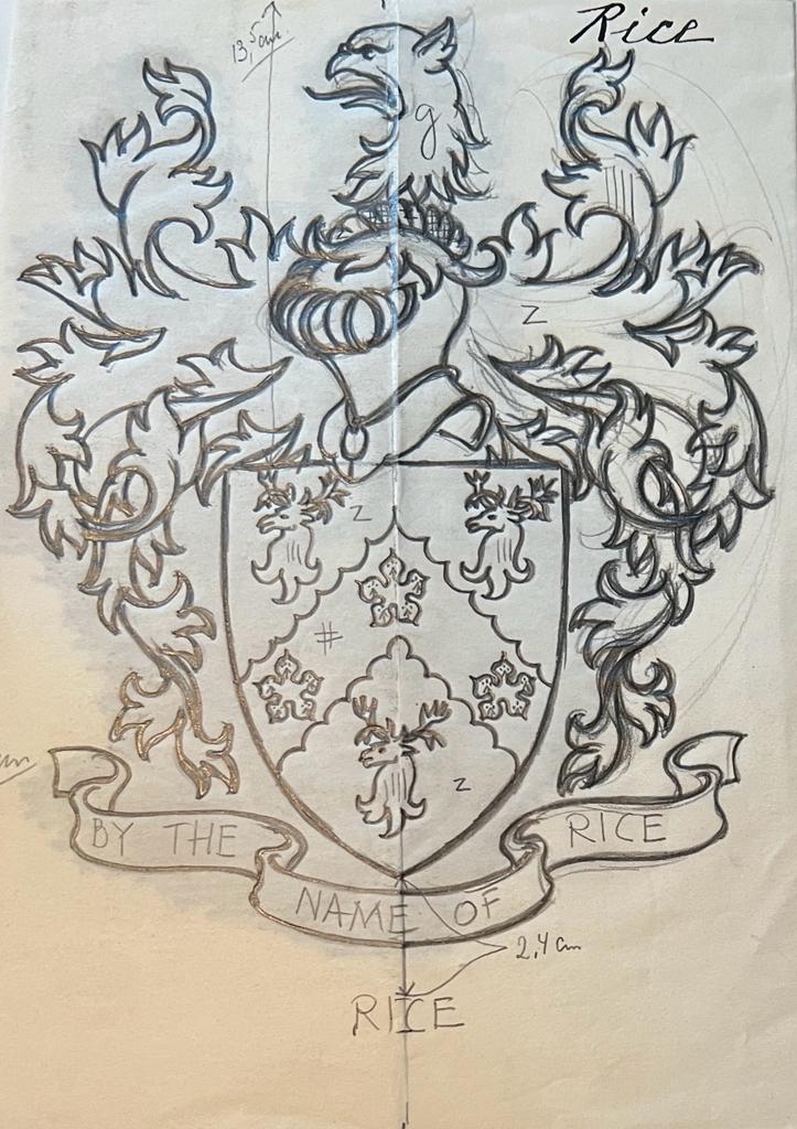 Wapenkaart/Coat of Arms: Original preparatory drawing of Rice Coat of Arms/Family Crest, 1 p.