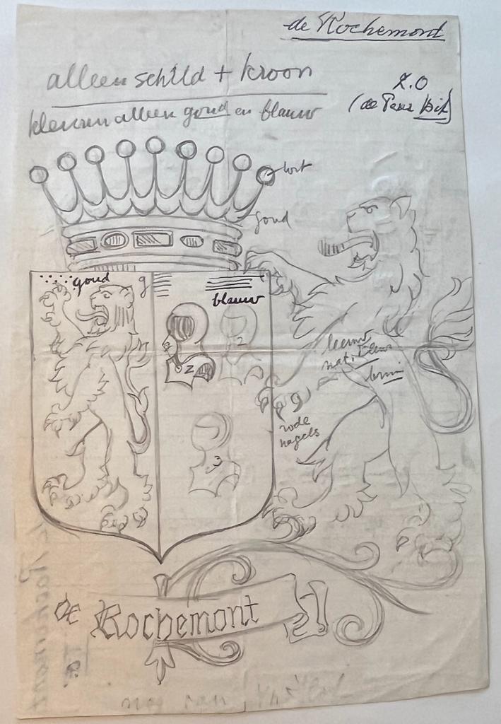 Wapenkaart/Coat of Arms: Original preparatory drawing of De Rochemont Coat of Arms/Family Crest, 1 p.