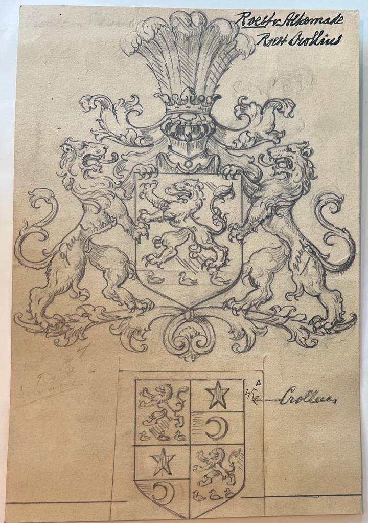 Wapenkaart/Coat of Arms: Original preparatory drawing of the Roest van Alkemade & Crollins Coat of Arms/Family Crest with printed coat or arms, 2 pp.