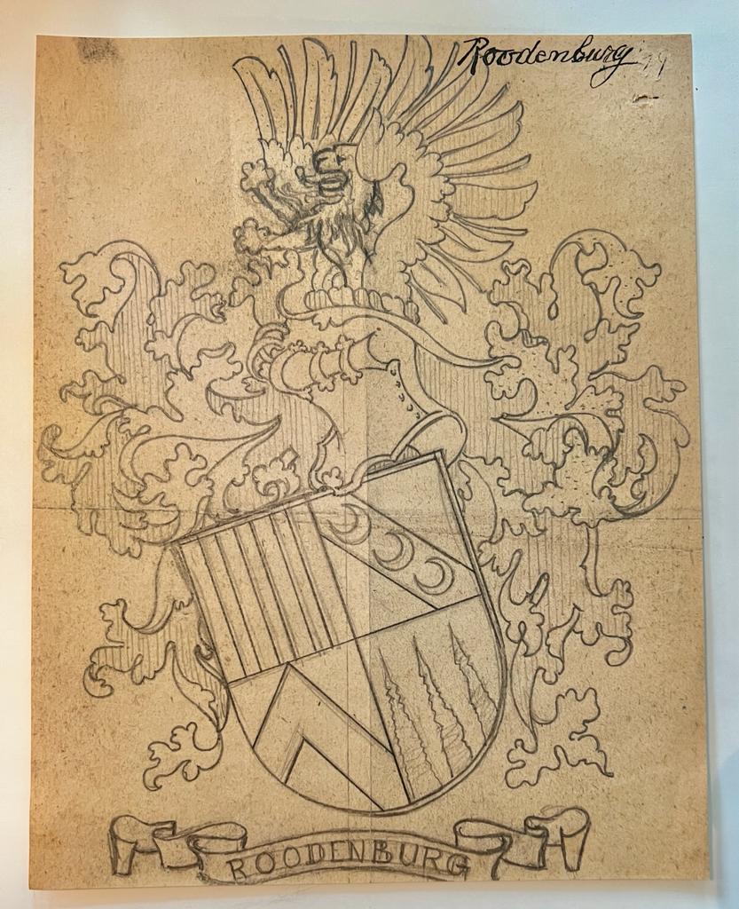 Wapenkaart/Coat of Arms: Original preparatory drawing of Roodenburg Coat of Arms/Family Crest with printed coat or arms, 1 p.