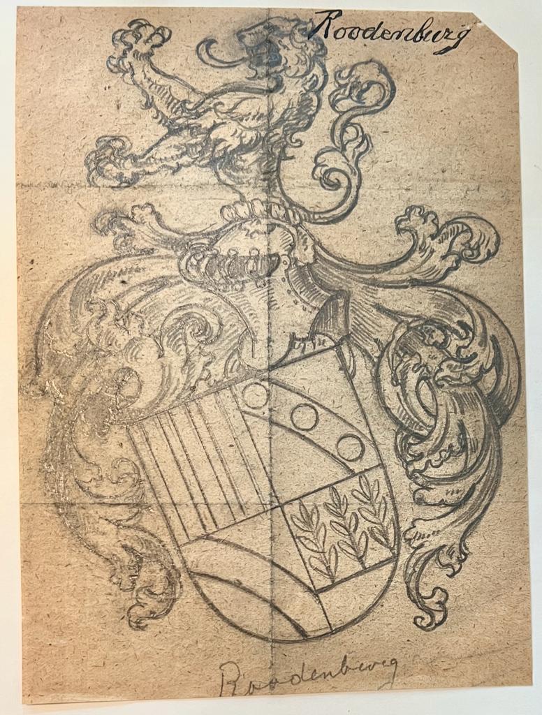 Wapenkaart/Coat of Arms: Original preparatory drawing of Roodenburg Coat of Arms/Family Crest with printed coat or arms (black and white), 2 pp.