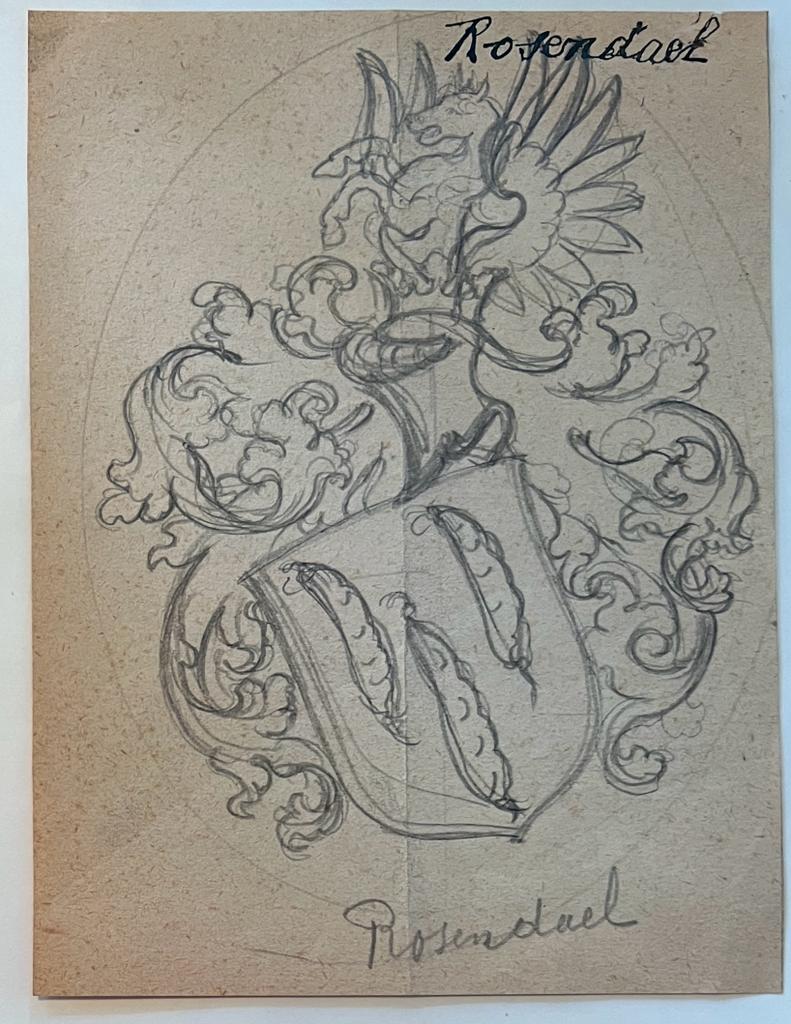 Wapenkaart/Coat of Arms: Original preparatory drawing of Rosendeal Coat of Arms/Family Crestand second coat of arms Rosendael, 2 pp.
