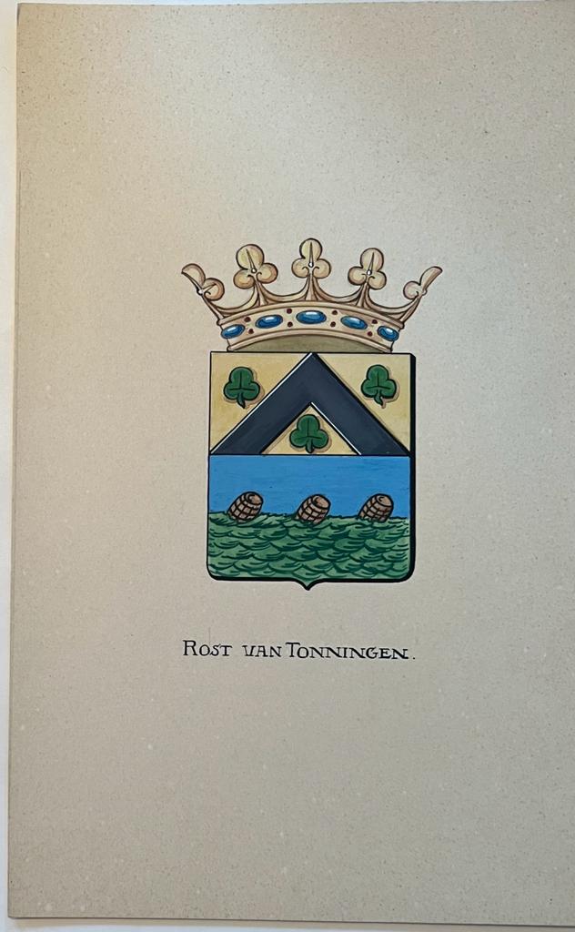 Wapenkaart/Coat of Arms: Original preparatory drawing of the Rost (van Tonningen) Coat of Arms/Family Crest with printed coat of arms, 2 pp.
