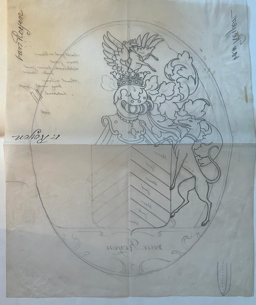 Wapenkaart/Coat of Arms: Original preparatory drawing of the Van Royen Coat of Arms/Family Crest with printed coloured coat of arms, 2 pp.