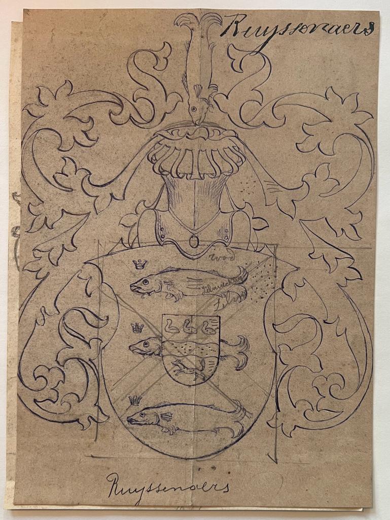 Wapenkaart/Coat of Arms: Original preparatory drawing of the Ruyssenaers Coat of Arms/Family Crest, 1 p.