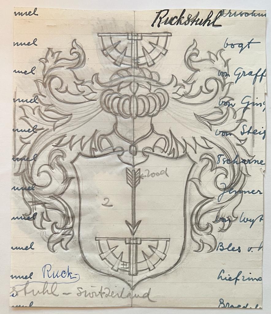 Wapenkaart/Coat of Arms: Original preparatory drawing of the Ruckstuhl Coat of Arms/Family Crest, 1 p.
