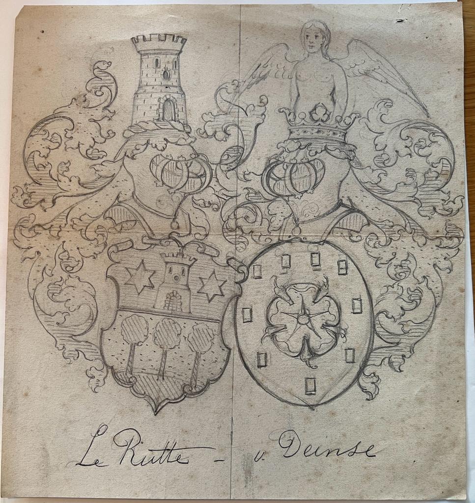 Wapenkaart/Coat of Arms: Original preparatory drawing of the Le Rutte van Deinse Coat of Arms/Family Crest, 1 p.