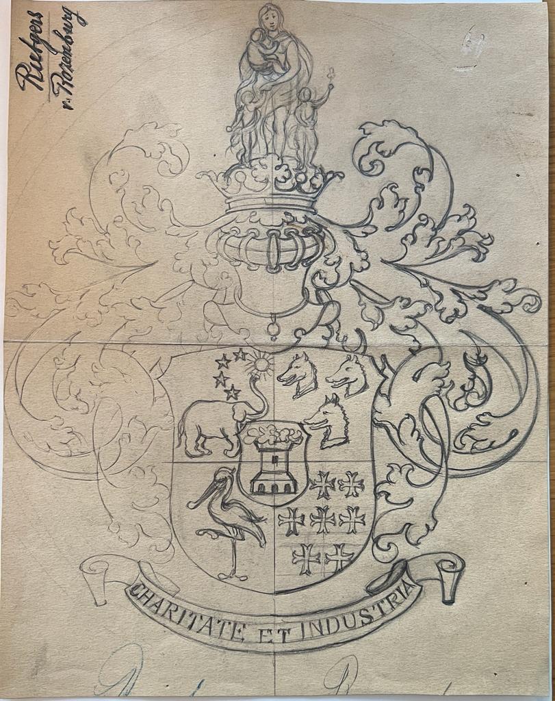 Wapenkaart/Coat of Arms: Original preparatory drawing of the Rutgers van Rozenburg Coat of Arms/Family Crest together with coloured coat of arms, 2 pp.