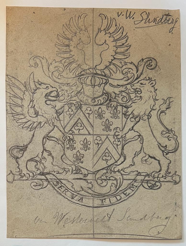 Wapenkaart/Coat of Arms: Original preparatory drawing of the Van Westervelt Sandberg Coat of Arms/Family Crest together with printed coloured coat of arms, 2 pp.