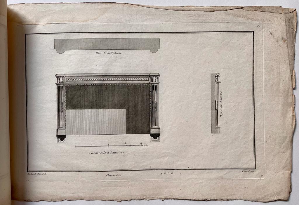 [Antique set of prints, etching] Xe Cahier K. Chambranles de cheminées (open haarden), published ca. 1775/1789, 6 pp.