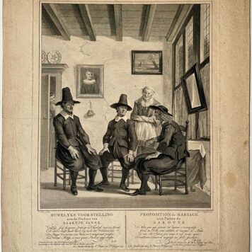 Jan Punt (1711-1779) and Pieter Tanjé (1706-1761) after Cornelis Troost (1697 - 1750) [Satirical antique print, etching and engraving, theater] Huwelyks voorstelling / The marriage proposal, published 1754, 1 p.