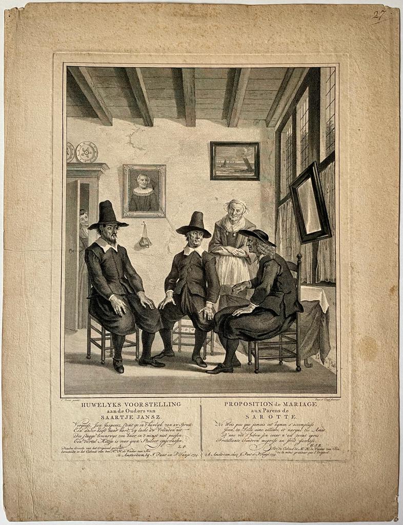 Jan Punt (1711-1779) and Pieter Tanjé (1706-1761) after Cornelis Troost (1697 - 1750) [Satirical antique print, etching and engraving, theater] Huwelyks voorstelling / The marriage proposal, published 1754, 1 p.
