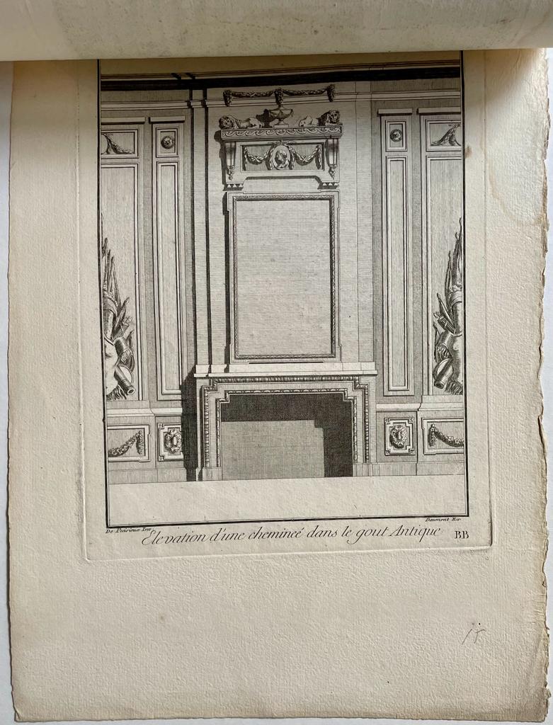 [Antique prints, etching and engraving, design] Elevation d'une chemineé dans le gout Antique (open haarden), published ca. 1780, 4 pp.